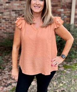 Kori America TOPS Peach Ruffle Sleeve Top
