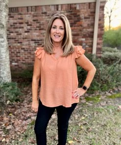 Kori America TOPS Peach Ruffle Sleeve Top