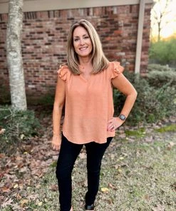 Kori America TOPS Peach Ruffle Sleeve Top