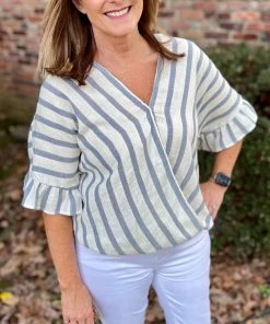 Andree By Unit TOPS Blue And Ivory Crossover Top