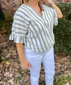 Andree By Unit TOPS Blue And Ivory Crossover Top