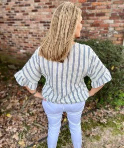 Andree By Unit TOPS Blue And Ivory Crossover Top