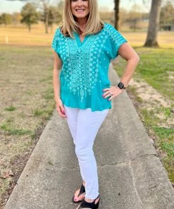 Savannah Jane Teal V-Neck Top
