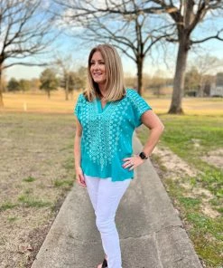 Savannah Jane Teal V-Neck Top
