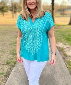 Savannah Jane Teal V-Neck Top
