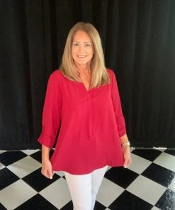 Jodifl TOPS Deep Red Roll Sleeve Top