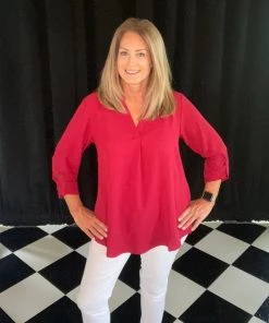 Jodifl TOPS Deep Red Roll Sleeve Top