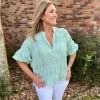 Ellison Mint Smocking Button Up Top TOPS