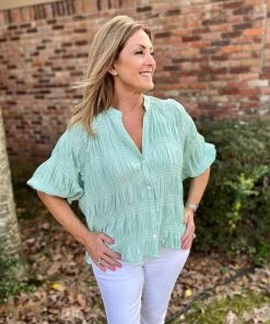 Ellison Mint Smocking Button Up Top TOPS
