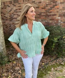 Ellison Mint Smocking Button Up Top TOPS