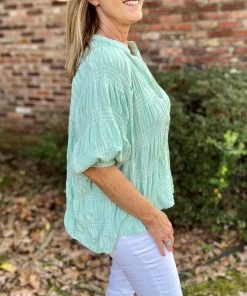 Ellison Mint Smocking Button Up Top TOPS
