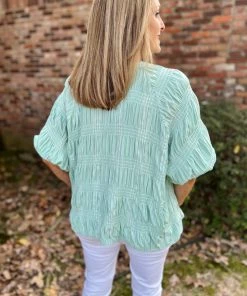 Ellison Mint Smocking Button Up Top TOPS
