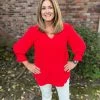 Jodifl Red V-Neck 3/4 Sleeve Top TOPS