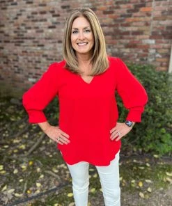 Jodifl Red V-Neck 3/4 Sleeve Top TOPS