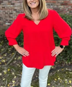 Jodifl Red V-Neck 3/4 Sleeve Top TOPS