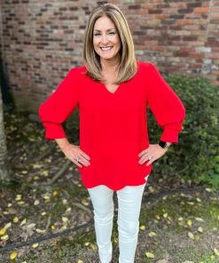 Jodifl Red V-Neck 3/4 Sleeve Top TOPS