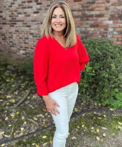 Jodifl Red V-Neck 3/4 Sleeve Top TOPS
